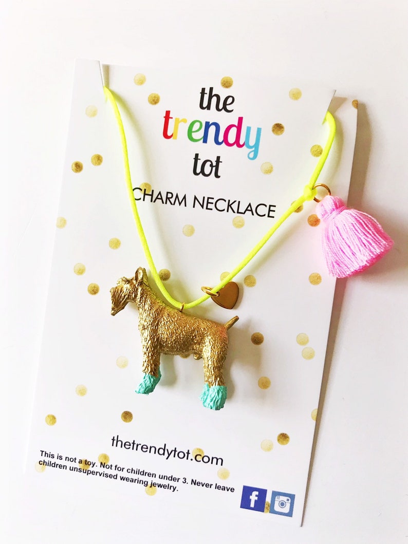 Dog Schnauzer Necklace in Gold and Aqua with Pink Tassel and Heart Charm for Kids and Girls