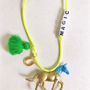 Girls Horse Necklace in Gold with Boho Tassel and Lucky Charm image 3