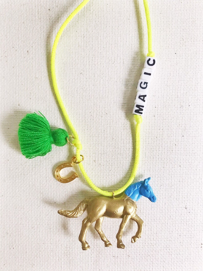 Girls Horse Necklace in Gold with Boho Tassel and Lucky Charm image 3