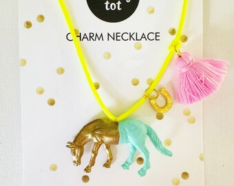 Girls Horse Necklace in Gold with Boho Tassel and Lucky Charm