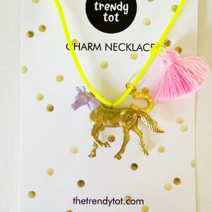 Girls Gold Horse Necklace with Pink Tassel and Lucky Horseshoe Charm