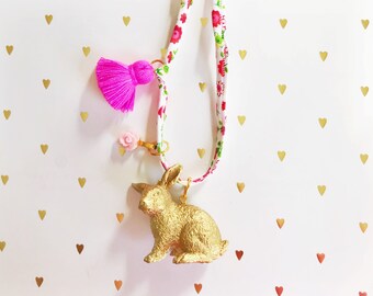 Kids Bunny Tassel Necklace with Rose Charm