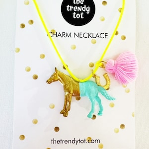 Girls Horse Necklace in Gold with Boho Tassel and Lucky Charm image 1