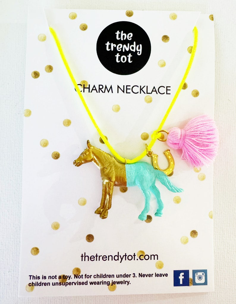 Girls Horse Necklace in Gold with Boho Tassel and Lucky Charm image 1