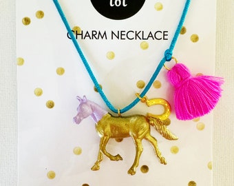 Girls Horse Necklace in Gold with Boho Tassel and Lucky Charm