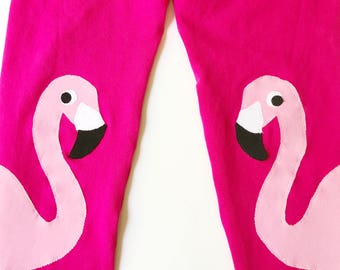 Flamingo Leggings, Girls Pink Flamingo Applique Leggings