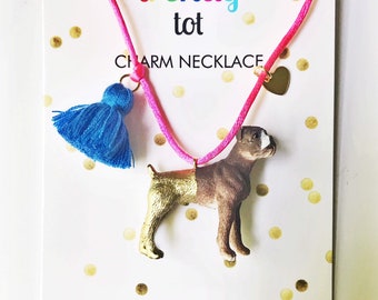 Boxer Dog Necklace with Tassel and Heart Charm for Kids and Girls Personalized