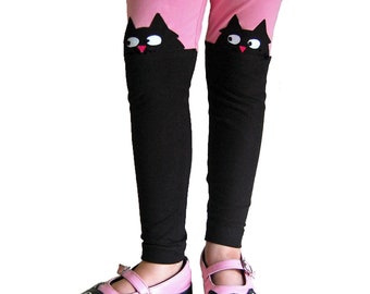 Girls Kitty Cat Applique Leggings in Pink and Black