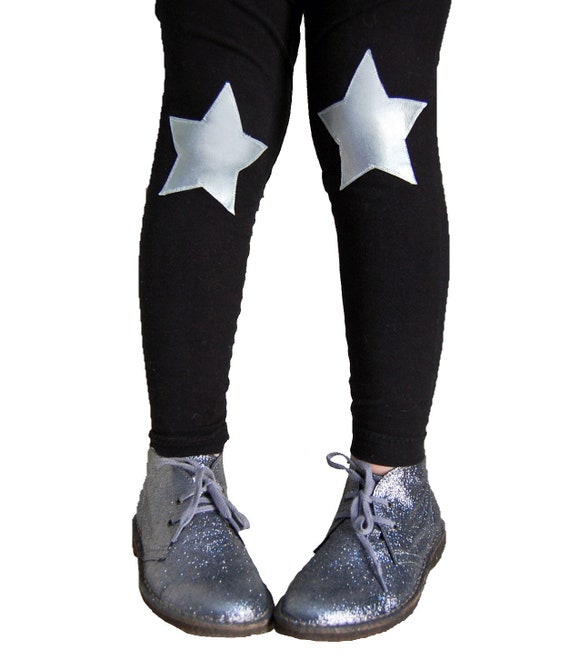 Girls Black and Silver Rock Star Leggings, Star Kneepatch Leggings 