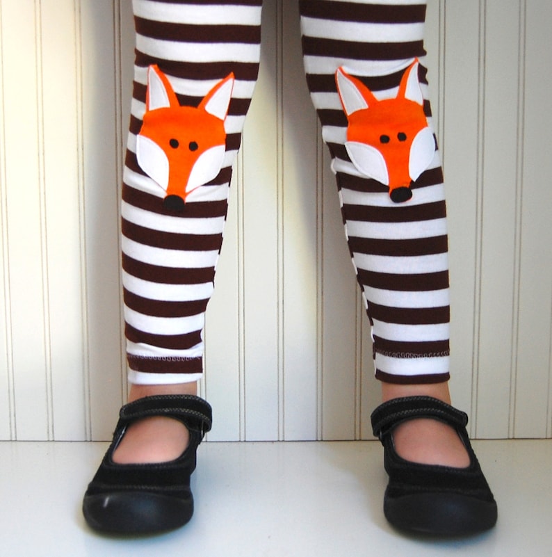 Fox Knee Patch, Brown Stripe Girls Leggings image 2