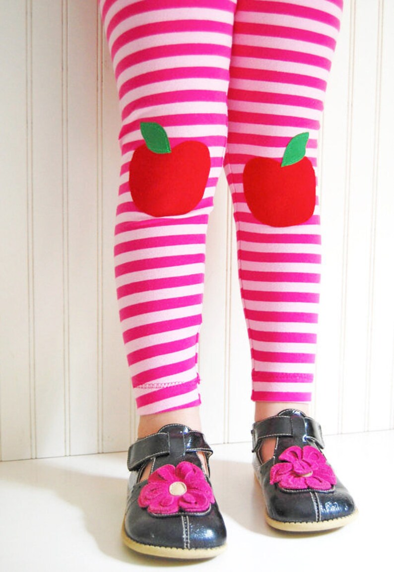 Apple Leggings, Girls Knee Patch, Pink Stripe Leggings / Back to School image 6