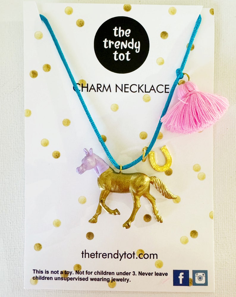 Girls Horse Necklace in Gold with Boho Tassel and Lucky Charm image 2