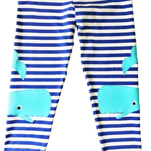 Whale Applique Leggings in Royal Blue Stripe, Handmade Girls Whale Leggings image 2