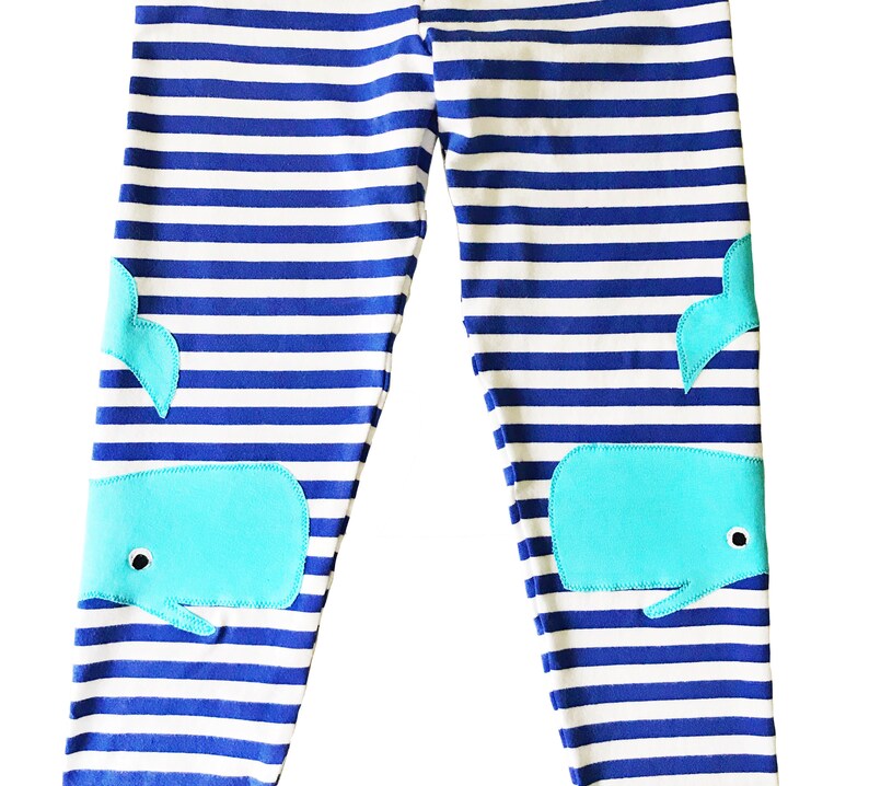 Whale Applique Leggings in Royal Blue Stripe, Handmade Girls Whale Leggings image 2