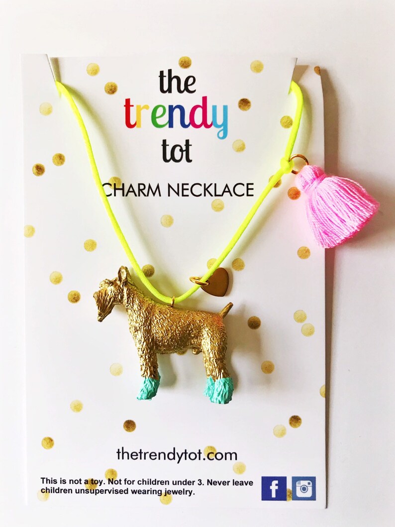 Dog Schnauzer Necklace in Gold and Aqua with Pink Tassel and Heart Charm for Kids and Girls