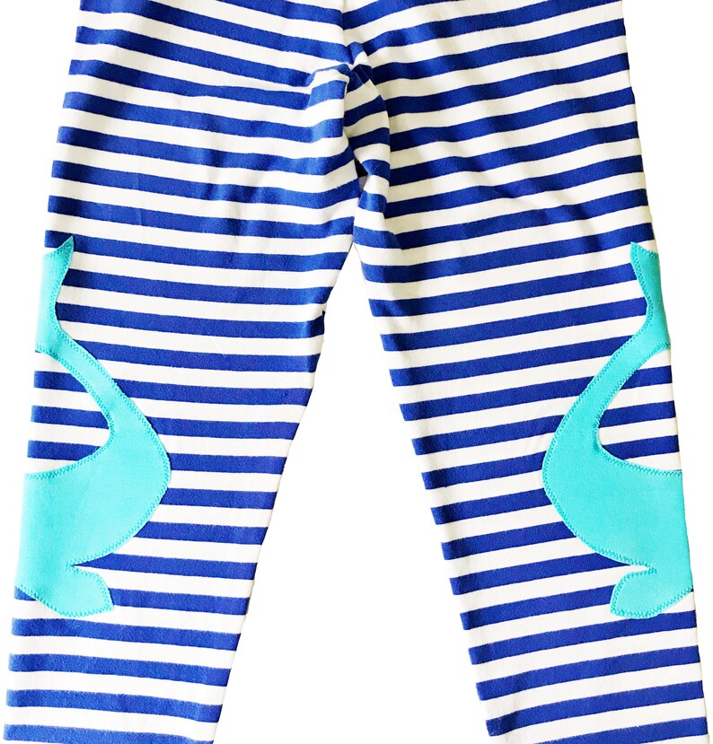Whale Applique Leggings in Royal Blue Stripe, Handmade Girls Whale Leggings image 3