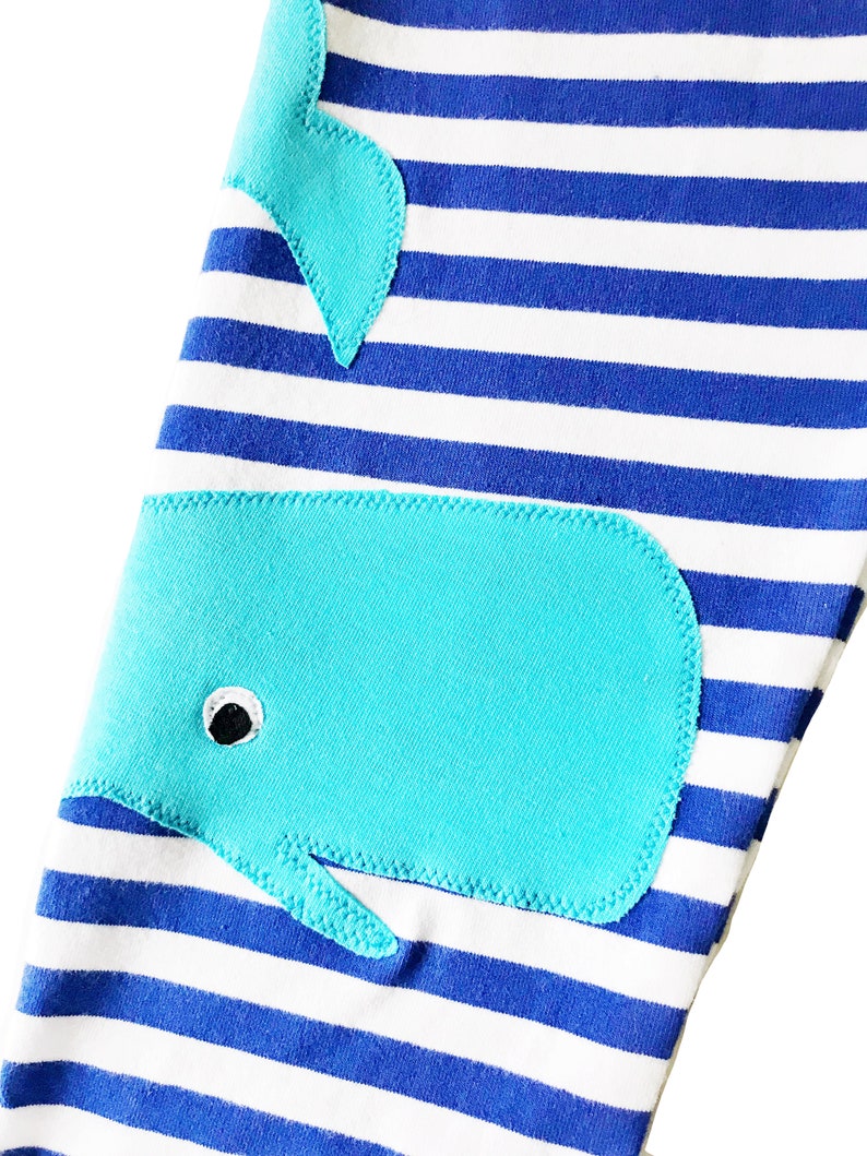 Whale Applique Leggings in Royal Blue Stripe, Handmade Girls Whale Leggings image 4