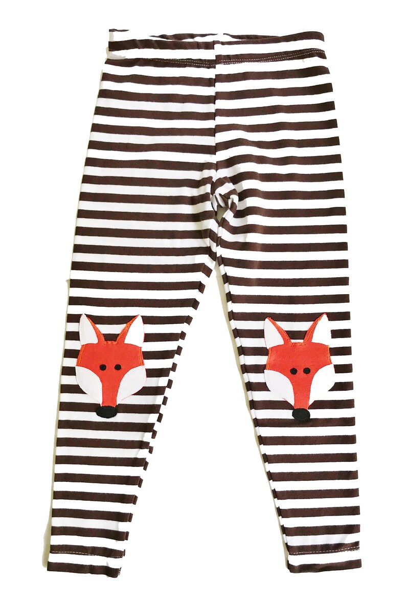 Fox Knee Patch, Brown Stripe Girls Leggings image 3