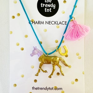 Girls Gold Horse Necklace with Pink Tassel and Lucky Horseshoe Charm image 1