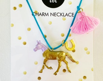 Girls Gold Horse Necklace with Pink Tassel and Lucky Horseshoe Charm