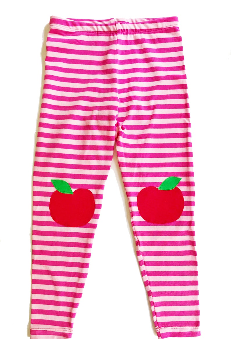 Apple Leggings, Girls Knee Patch, Pink Stripe Leggings / Back to School image 5