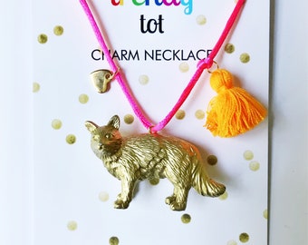 Gold Cat Necklace for Girl with Tassel and Gold Heart Charm