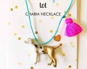 Dalmatian Dog Necklace in Gold with Tassel and Heart Charm for Kids and Girls
