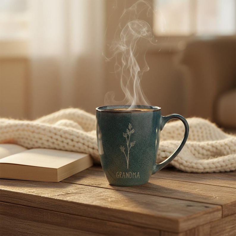 Puede incluir: Una taza de cer&aacute;mica turquesa con la palabra "GRANDMA" y un dise&ntilde;o floral, llena de una bebida caliente y emitiendo vapor. La taza est&aacute; sobre una mesa de madera junto a un libro y una manta de punto color crema.