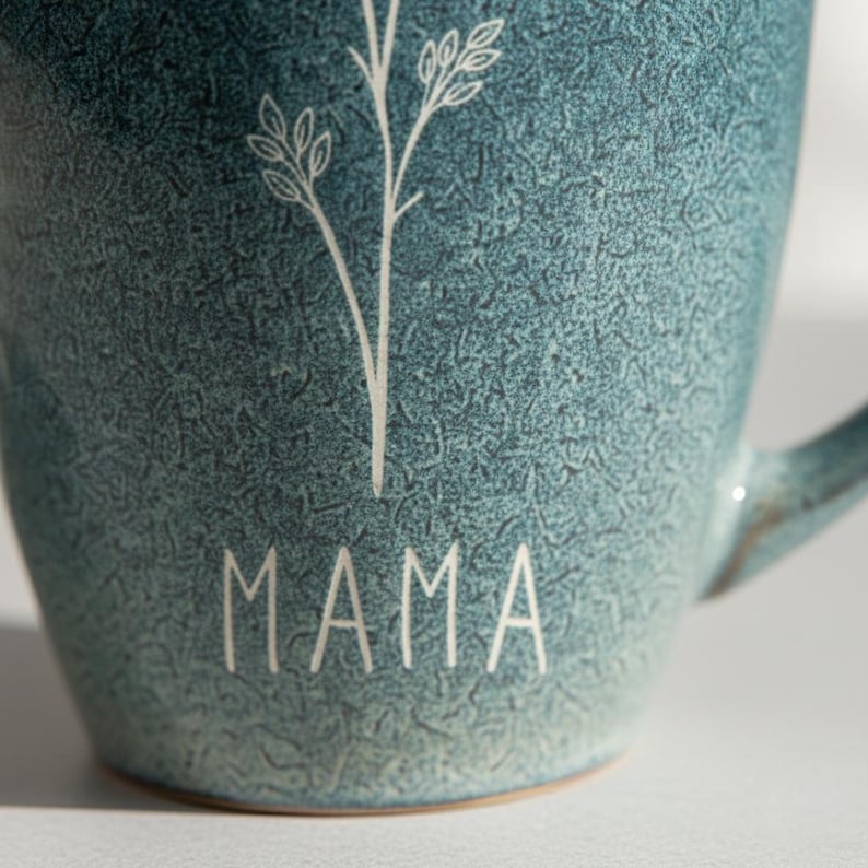 Puede incluir: Una taza de cer&aacute;mica turquesa con superficie texturizada. La taza presenta la palabra "MAMA" en letras may&uacute;sculas blancas, con un dise&ntilde;o floral blanco encima. La taza tiene un asa en el lado derecho.