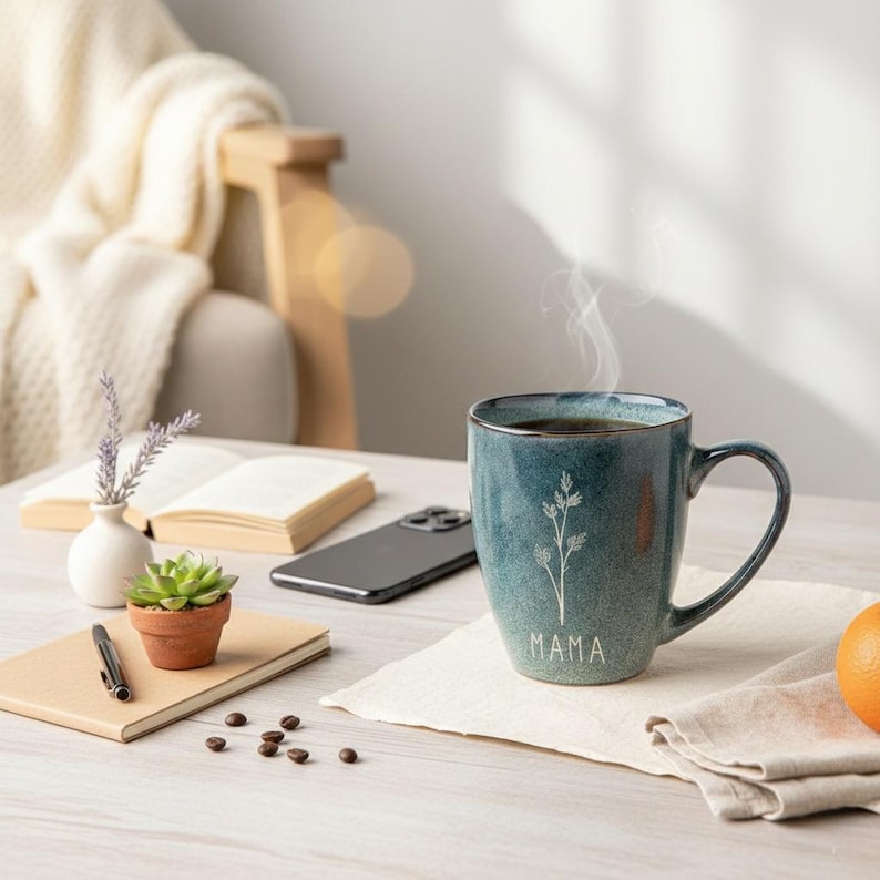 Puede incluir: Una taza de cer&aacute;mica turquesa con borde dorado, llena de caf&eacute; y vapor. La taza tiene un dise&ntilde;o floral blanco y la palabra "MAMA". Otros elementos en la mesa incluyen un cuaderno, bol&iacute;grafo, suculenta y un tel&eacute;fono inteligente.