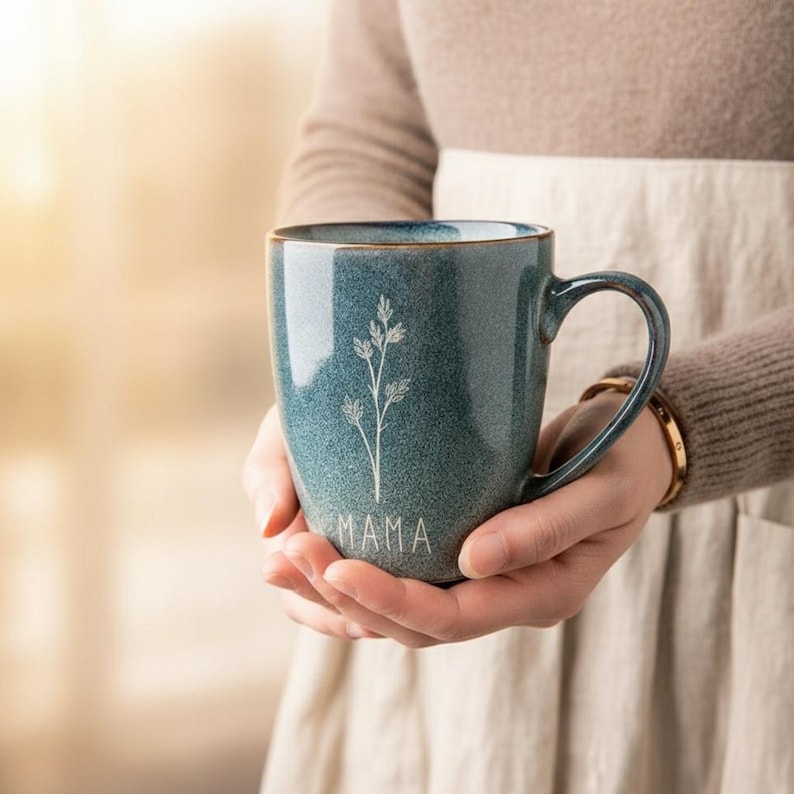 Puede incluir: Una taza de cer&aacute;mica color turquesa con un asa curvada. La taza presenta un dise&ntilde;o floral blanco y la palabra "MAMA" en letras blancas. La taza se sostiene con ambas manos.