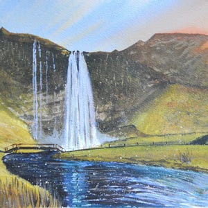 Acquerello "Islanda", originale, dipinto a mano, cascata, Islanda, natura, vendita SENZA cornice