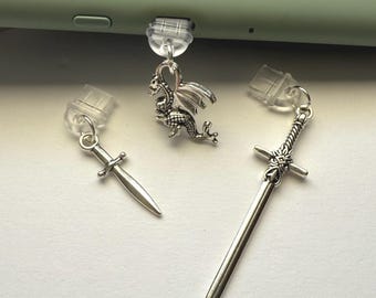 Dragon Sword Dust Plug Charm, Dark Romance Phone Charm, USBC Dust Plug, Sword eReader Charm, Bookish Charm Gift, eReader Anti Dust Plug Port
