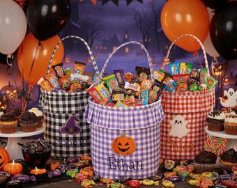 Kids Halloween Basket, Personalized Halloween Basket, Trick or Treat Bag, Custom Embroidery Halloween Bag, Candy Gift Bucket, Halloween Gift