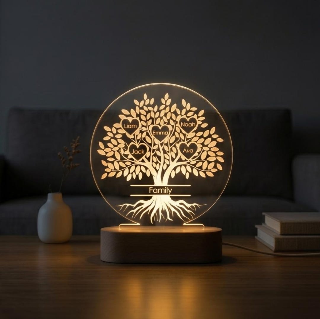 Personalized Family Tree Night Light With Names, Custom Acrylic LED ...