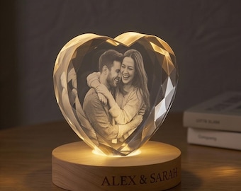 Custom 3D Photo Crystal Lamp, Personalized Anniversary Gift for Couples, Engraved Heart Light, Valentines Day Gift, Birthday Gift for Sister