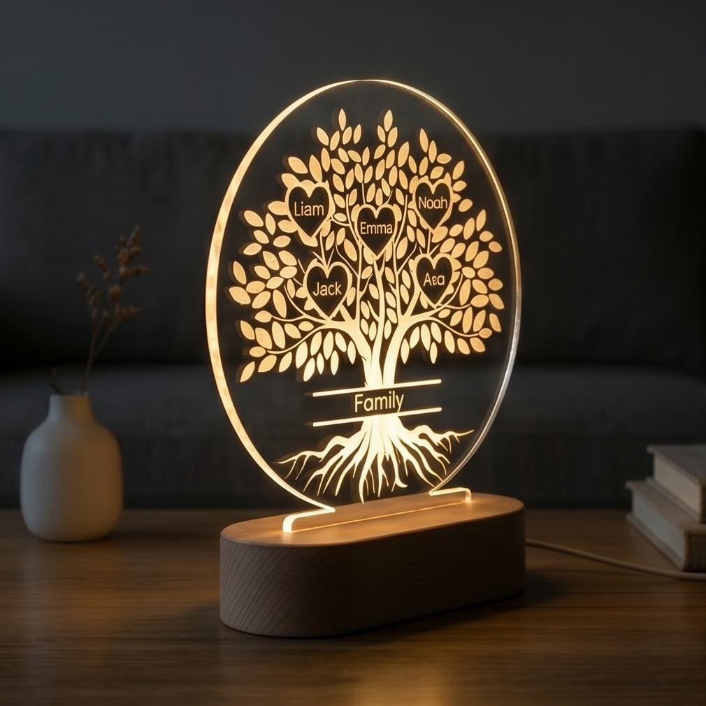 Personalized Family Tree Night Light With Names, Custom Acrylic LED ...