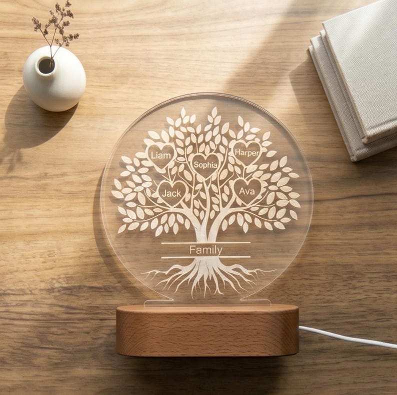 Personalized Family Tree Night Light With Names, Custom Acrylic LED ...