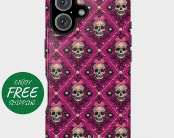May include: A magenta phone case featuring a repeating pattern of white skulls with pink bows, set against a black damask design. The case has a glossy finish and a camera cutout. The text "Jacqueline" is at the bottom.