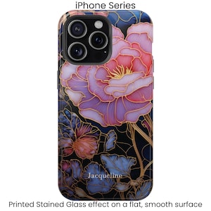 Front of an iPhone 15 case with a personalized pink floral stained glass design.