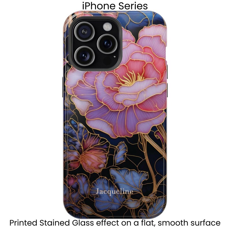 Front of an iPhone 15 case with a personalized pink floral stained glass design.