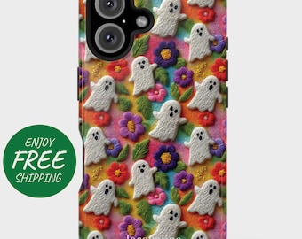 May include: A colorful phone case featuring a repeating pattern of white ghost figures and embroidered flowers in red, purple, and pink. The background has a rainbow stripe design. The name "Jacqueline" is printed at the bottom.