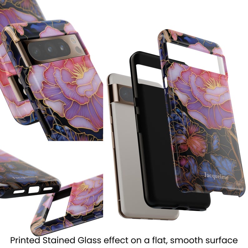 Layers and close up of a Pixel 8 case with a personalized pink floral stained glass design.