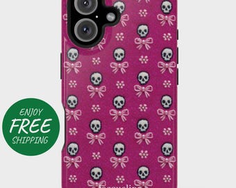 May include: A magenta phone case with a repeating pattern of white skulls, pink bows, and small white flower accents. The case has a black camera module and side buttons. The text "Jacqueline" is at the bottom. A green circle with the words "ENJOY FREE SHIPPING" is in the corner.