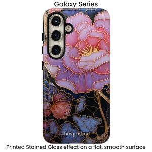 Front of a Galaxy S24 case with a personalized pink floral stained glass design.