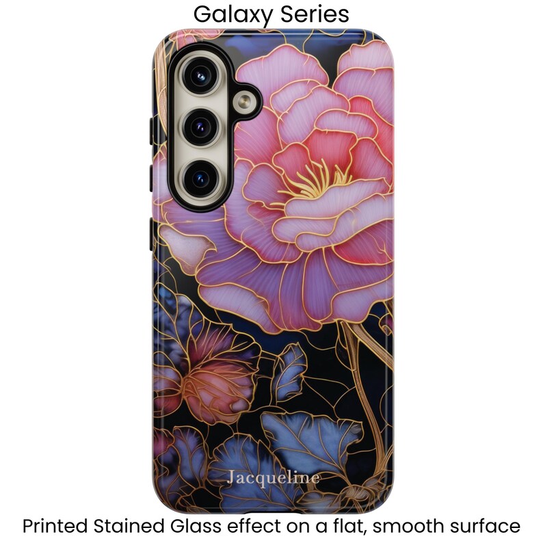 Front of a Galaxy S24 case with a personalized pink floral stained glass design.