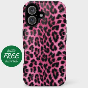 May include: Pink leopard print phone case with a black camera cutout.