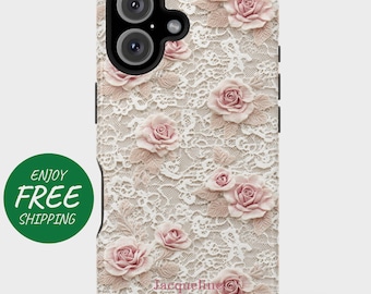 May include: A white phone case with a delicate lace pattern and pink 3D roses. The case has a black camera cutout and the text "Jacqueline" is visible in the bottom right corner.