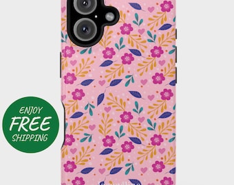 May include: Pink phone case with a floral pattern featuring purple flowers, blue leaves, and orange accents. The case has a black camera cutout and the name "Jacqueline" is printed at the bottom. A green circle with the words "Enjoy Free Shipping" is on the left.