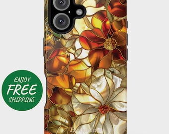 Puede incluir: Una funda para teléfono con un diseño de vitral que presenta un patrón floral en tonos dorados, naranjas y marrones.